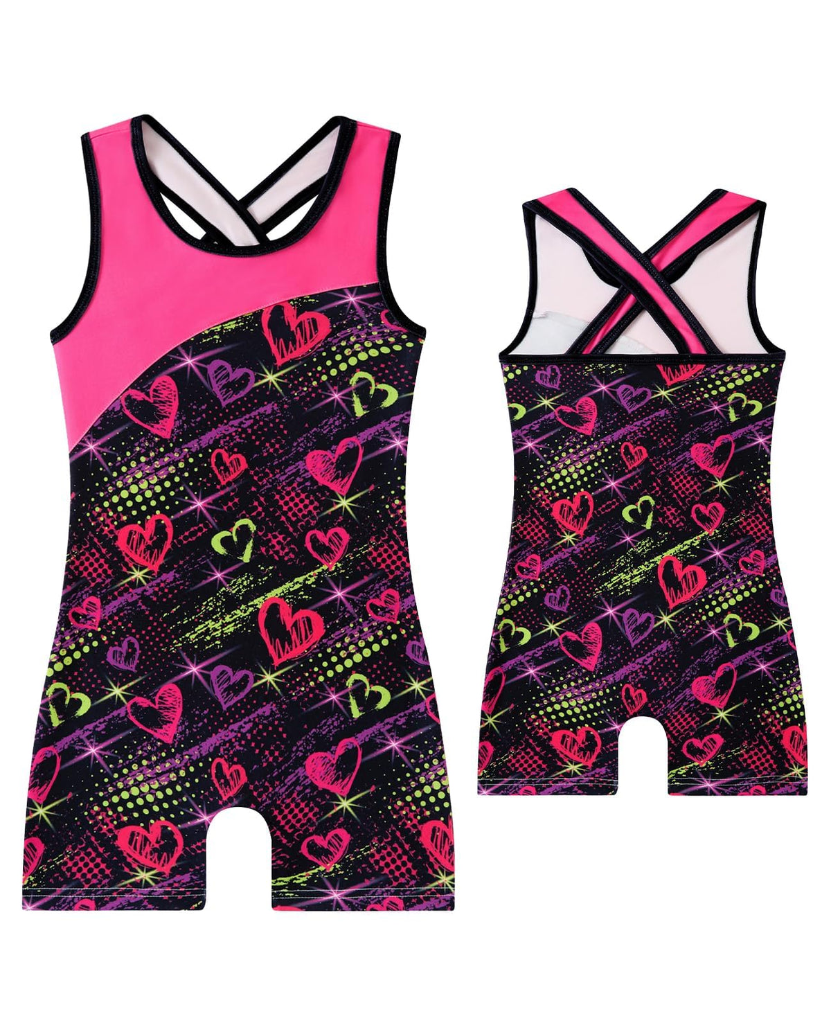 uideazone Girls Gymnastics Leotards Size 10 Pink Hearts Sleeveless Tumbling Outfit for Girls Criss-Cross Strap Unitard Biketards in Dance Class