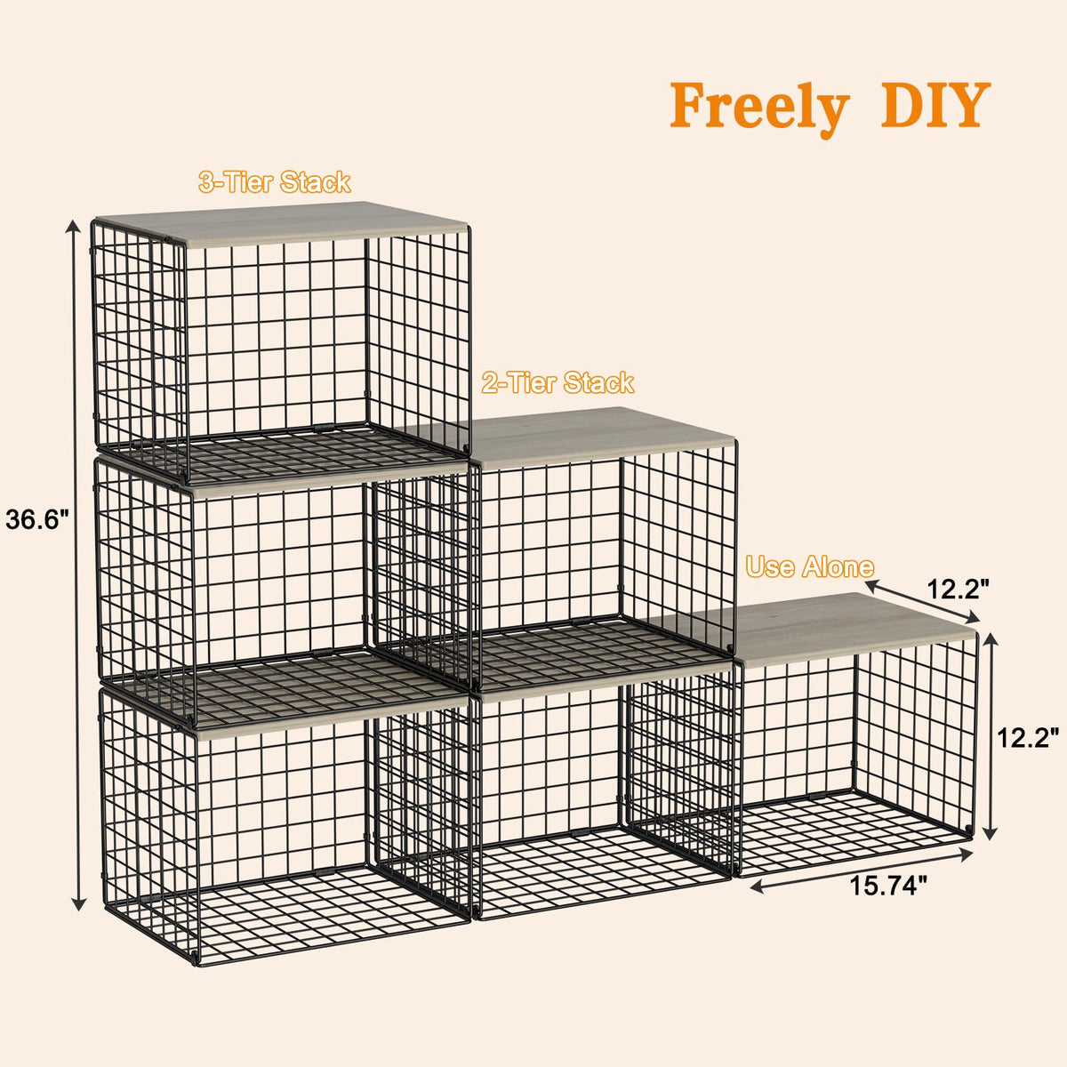 Extra-Long Closet Organizers and Storage with Top Board, 3 Pack Stackable Closet Shelf Organizer, Double Storage Design Clothes Storage Cube/Bin Organizer for Wardrobe,Space-Saving, Black,Sturdy,Metal