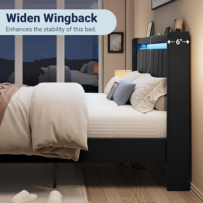 Allewie Queen Size LED Bed Frame with Charging Station, Velvet Upholstered Platform Bed with Geometric Wingback Headboard, Modern Frame with No Box Spring Needed, Easy Assembly, Black
