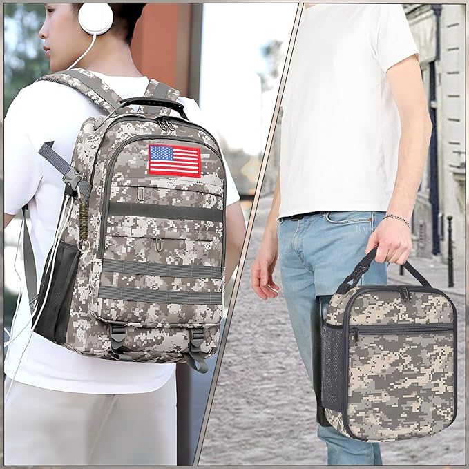 School Backpack for Boys - 4pcs Camo Boys Backpack with Lunch Box Set for Kids Teens Elementary Middle School - 18″ Camouflage Bookbag with Usb Charging Port