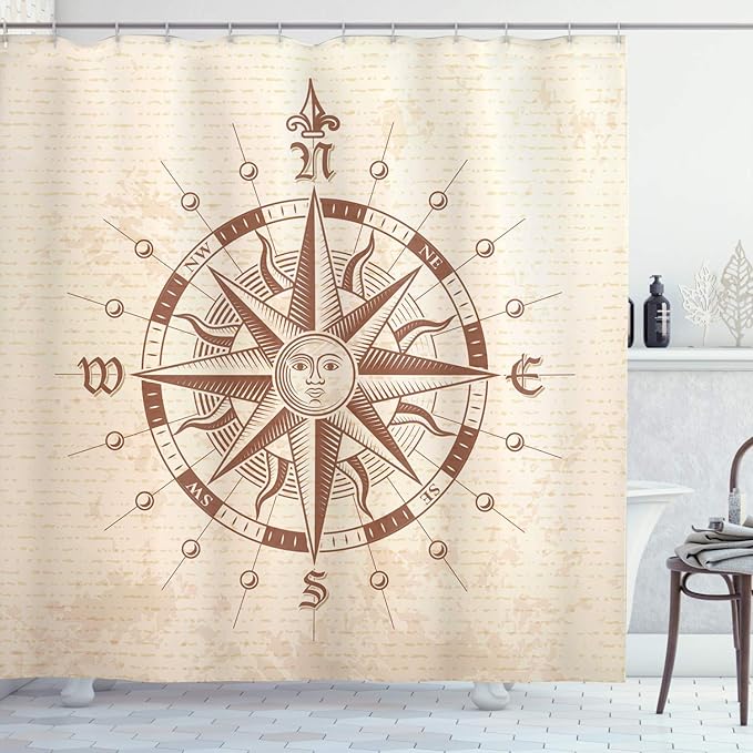 Ambesonne Compass Shower Curtain, Old Compass Rose a Sun Face Lady on It Instrument Distances Between Points Graphic, Cloth Fabric Bathroom Decor Set with Hooks, 69" W x 75" L, Tan Brown