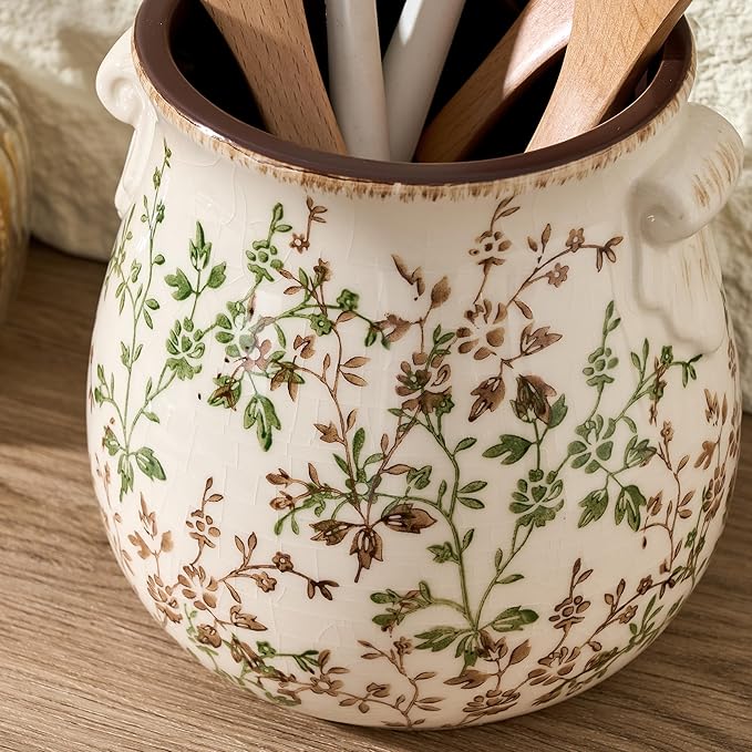 Jemirry Utensil Holder for Kitchen Counter, Modern Farmhouse Rustic Cooking Utensil Holder and Crock, Exquisite Chinoiserie Floral Ceramic Utensil Organizer for Home Kitchen Decor- Green and Beige