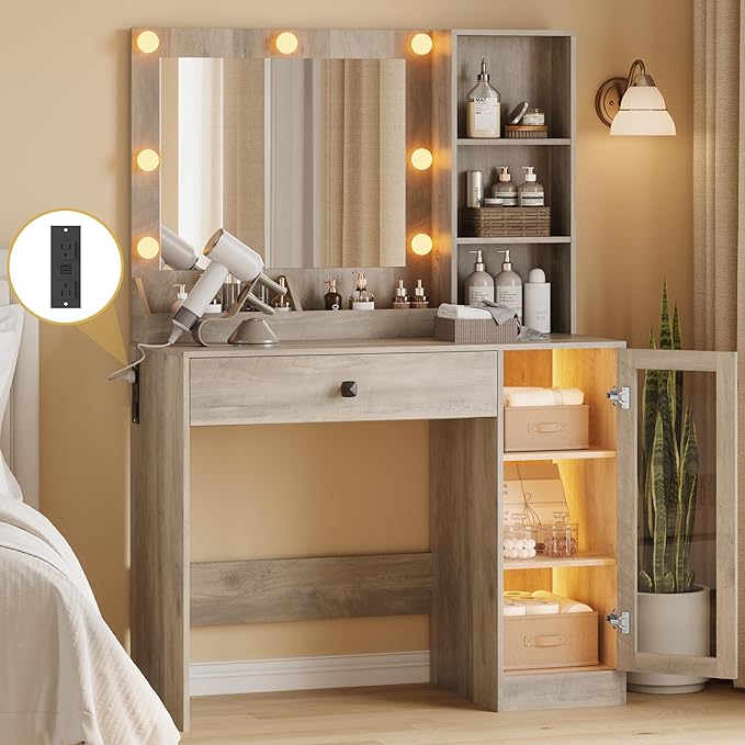 Vanity Desk with Mirror and Lights, Small Makeup Vanity Table with RGB Storage Cabinet & Power Strips & Shelves, 3 Lighting Modes & Adjustable Brightness, Dressing Table for Women Girls Bedroom, Grey