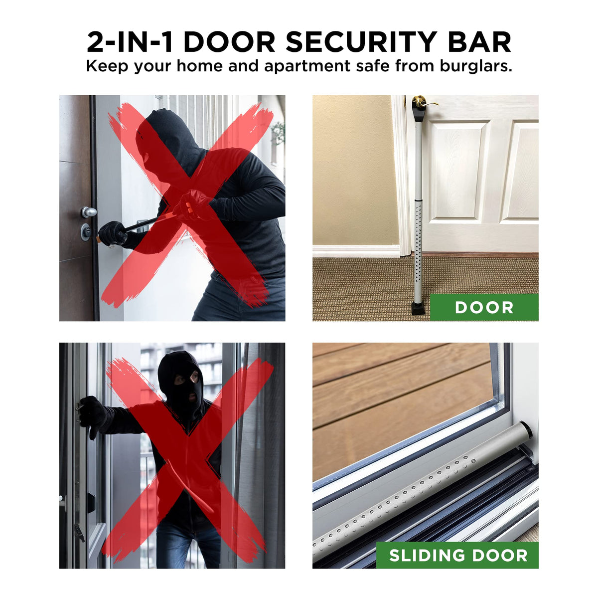 Sliding Door Security Bar, Door Jammer 2-in-1 Adjustable, Door Stoppers Security – 40 Different Adjustments, by Guard Dog Security