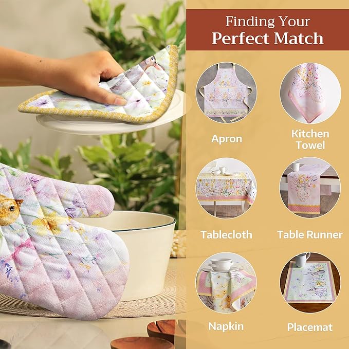 Maison d' Hermine Oven Gloves 100% Cotton Oven Mitt 7" x 13" with Loop Heat Resistant, BBQ, Cooking Gloves, Baking, Grilling, Kitchen, Handling Hot Pans Spring/Summer (Pack of 1, Easter Zest)