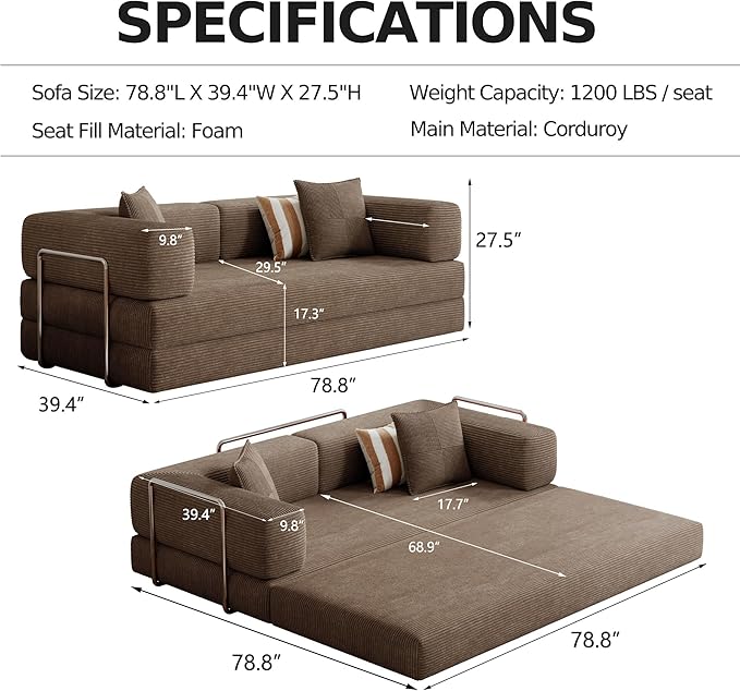 78.8''Convertible Sleeper Sofa Bed,Compressed Floor Boneless Couch,Modular Modern Corduroy Sofa for Living Room Bedroom -with Fixed-Shape Frame and Support Armrest,Easy Assembly(Brown)