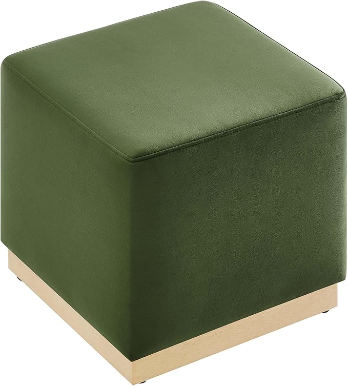 Modway Tilden 17 Inch Square Performance Velvet Upholstered Ottoman in Moss Green Natural - Small Ottoman Foot Rest with Rubberwood Plinth Base - Living Room Ottoman Side Table,
