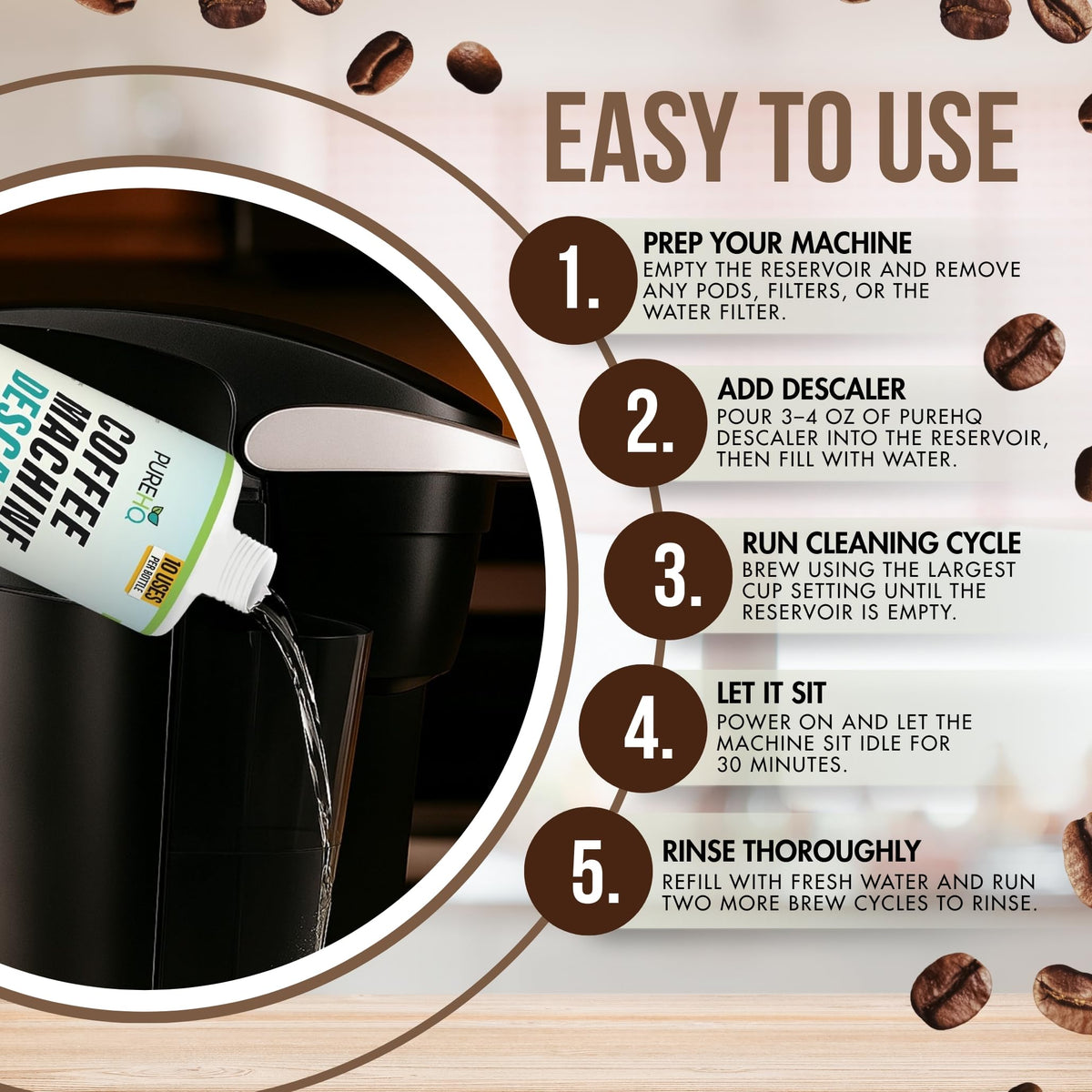 Coffee Machine Descaler - 10 Uses - Keurig Descaling Solution - Universal Descaler for Keurig, Nespresso, Delonghi, Breville, Ninja and All Single Use Coffee and Espresso Machines - Made in USA