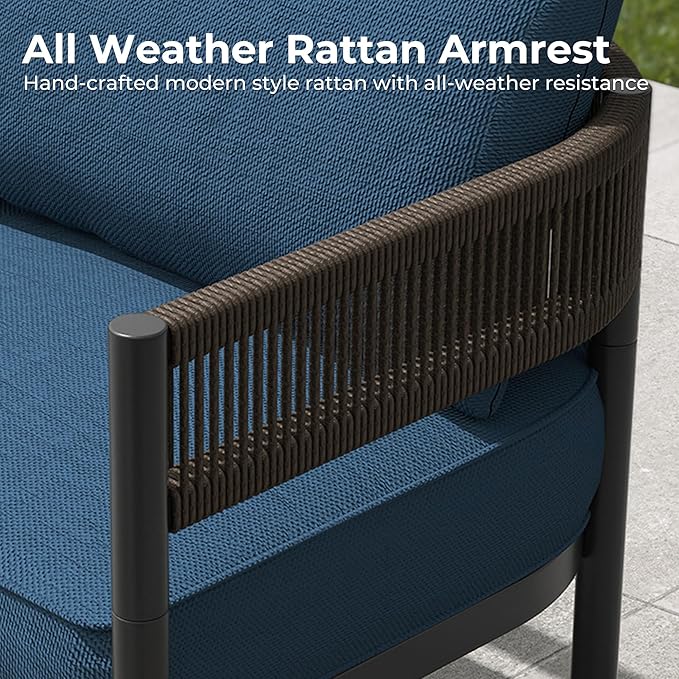 Grand patio 5-Piece Outdoor Furniture Set with 3-Seat Couch, Thick Cushions and Nesting Coffee Tables, Wicker Sofa Conversation Set for Backyard, Peacock Blue