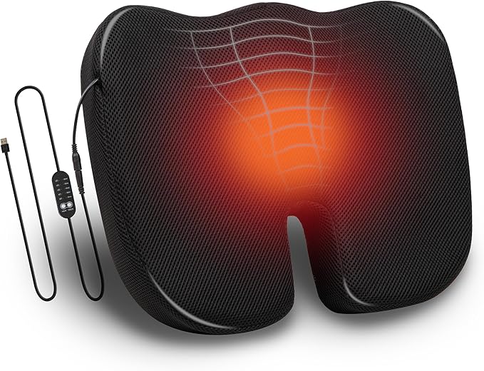 Mind Reader Heated Memory Foam Seat Cushion with Air-Cloud Support, Slim Ergonomic Cushion with 4 Heat Settings Timer and Auto Shut-Off, Black
