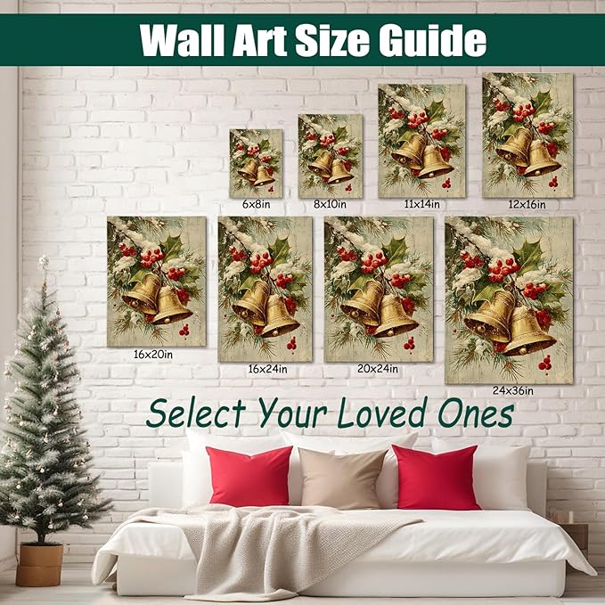 Vintage Golden Bells & Holly Berries Christmas Canvas Wall Art - Rustic Winter Holiday Framed Print for Living Room, Elegant Christmas Wall Decor, Ideal Christmas Gifts & Festive Decorations
