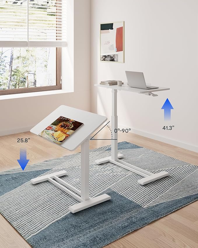 FLEXISPOT H7 PRO Mobile Standing Desk Adjustable Overbed Table Pneumatic with Wheels 90°Tiltable Portable Laptop Desk Rolling Computer Cart Foldable Bedside Table(31.5" W x 17.7" D, White)