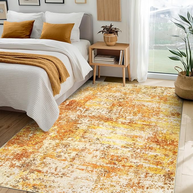 Washable Area Rugs for Living Room - 5x7 Abstract Modern Rug Neutral Soft Rug Stain Resistant Non-Shedding No Slip Low Pile Large Carpet for Bedroom Dining Room Nursery Home Office - Orange/Gold