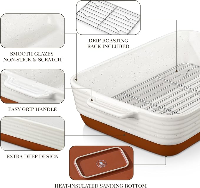 MALACASA Large 9x13 Ceramic Baking Dish with Rack, 4.8 Qt, Khaki & White