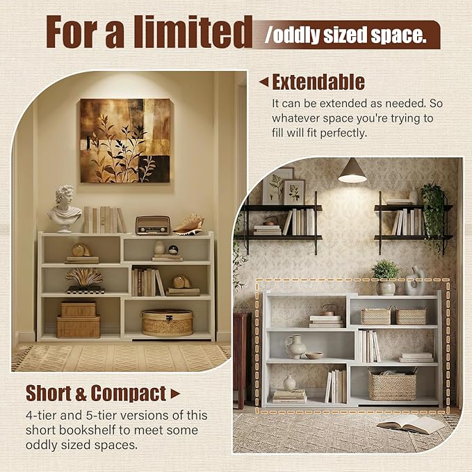 Armocity Book Shelf - Small Expandable Ladder Shelf, Short Corner Bookshelf for Small Spaces, 4 Tier Wood Narrow Bookcase, for Living Room, Bedroom, Entryway, White