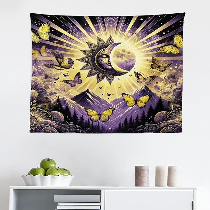 Ambesonne Boho Tapestry, Sun and Moon Art Concept Esoteric Mountain Scene with Dancing Butterfly, Fabric Wall Hanging Decor for Bedroom Living Room Dorm, 28" X 23", Violet Mustard Dark Grey