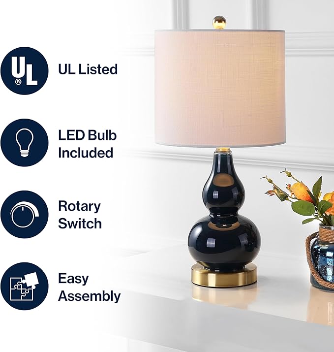 JONATHAN Y 20.5" Navy Glass Table Lamp, Modern Gourd Bedside Nightstand Lamp for Bedroom, Living Room, White Linen Shade, LED Bulb Included (JYL1028F)