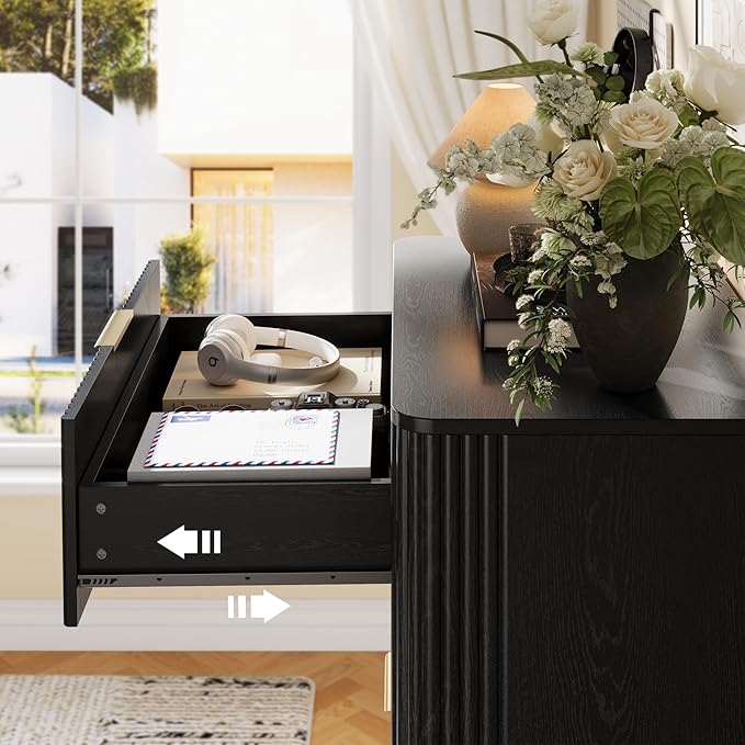 Fluted Dresser for Bedroom with 5 Drawers Set of 2, 45" Large Closet Clothes Wood Tall Dresser Storage Organizer, Mid Century Modern Chest of Drawers with Deep Storage Black