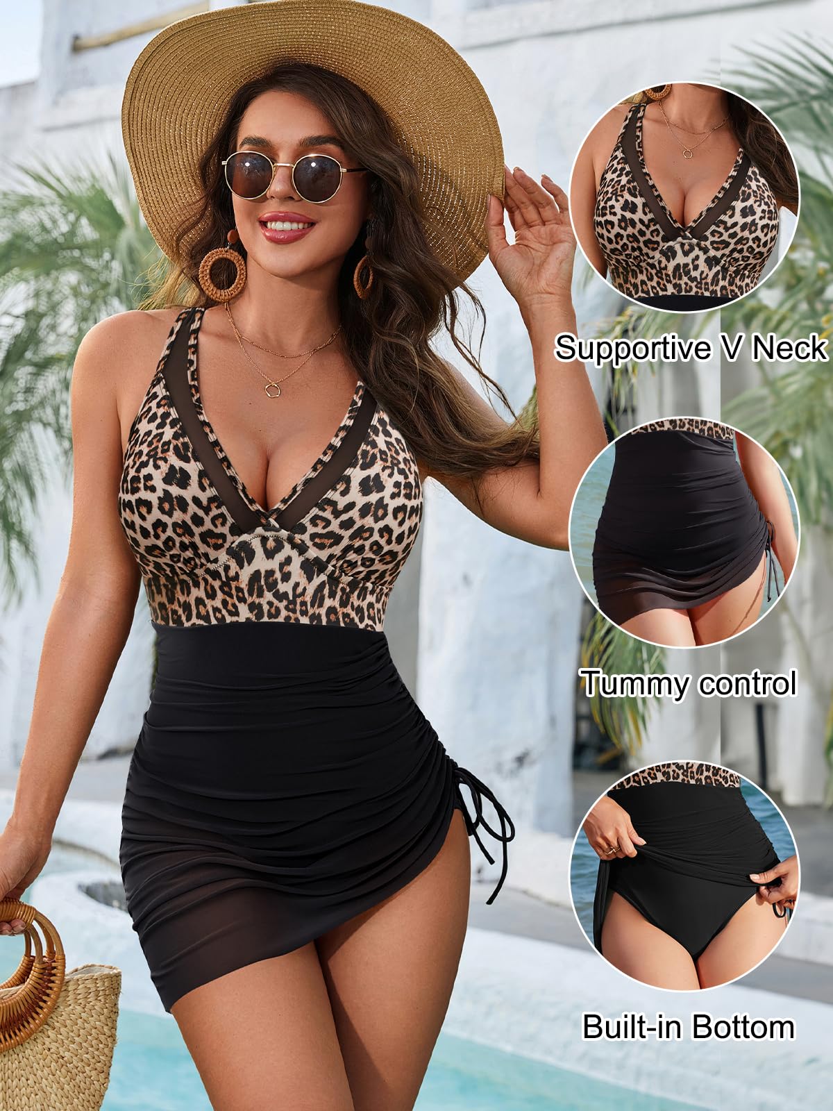 Blooming Jelly Women One Piece Swim Dress Tummy Control Swimsuits Slimming Sarong Wraps Bathing Suit (XL, Leopard/Black)