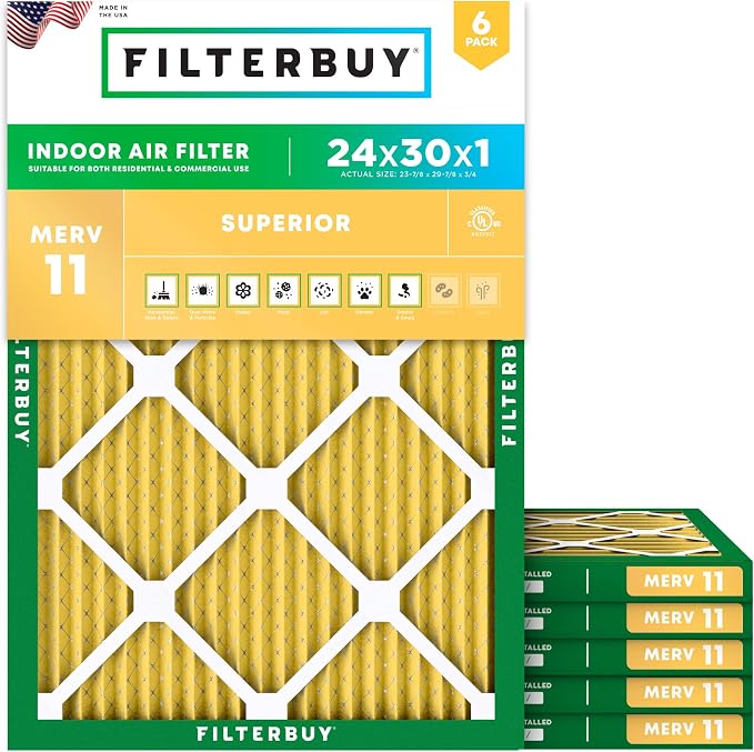Filterbuy 24x30x1 Air Filter MERV 11 Superior Pet & Allergy Defense,