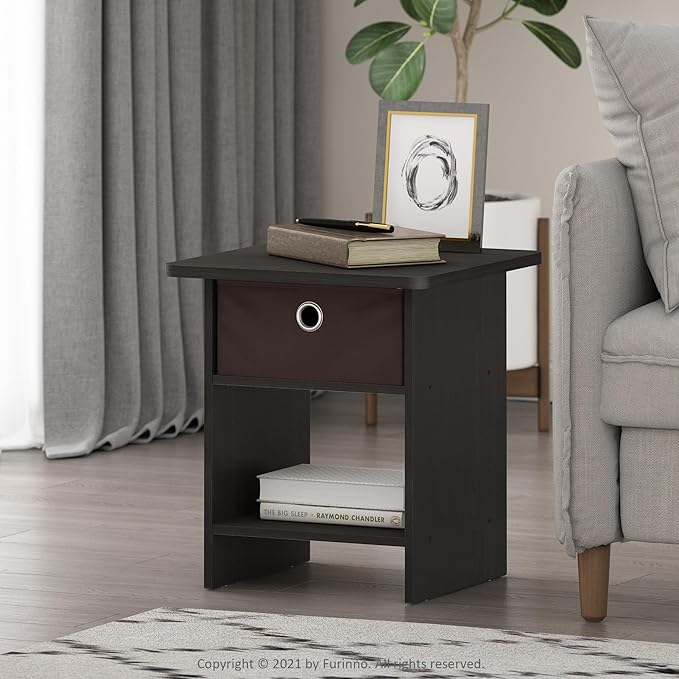 Furinno Dario End Table / Side Table / Night Stand / Bedside Table with Bin Drawer, 2-Pack, Espresso/Brown