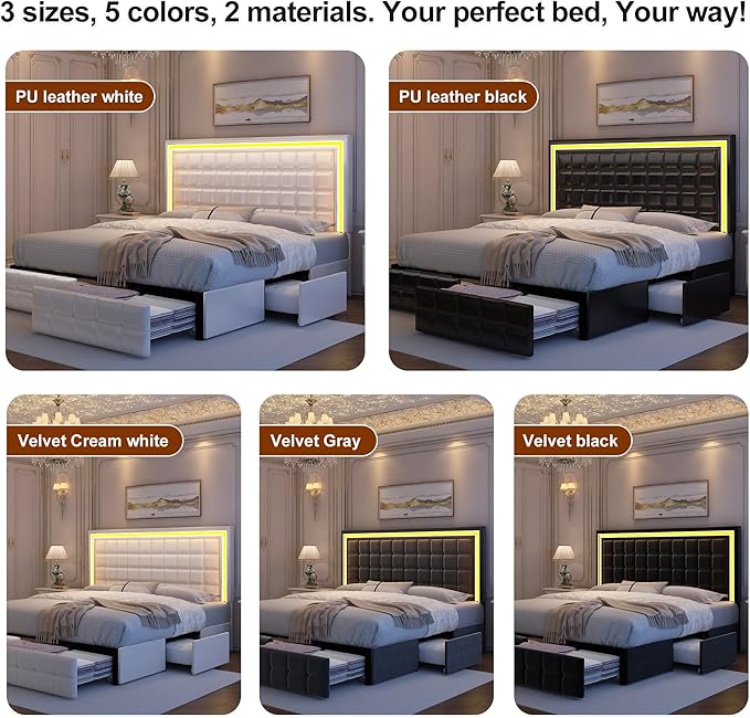 Full Led Bed Frame with 4 Storage Drawers, Bed Frame with Led Lights No Box Spring Needed, Supports 900 lbs, Easy Assembly, Quiet and Sturdy Design, Velvet Black