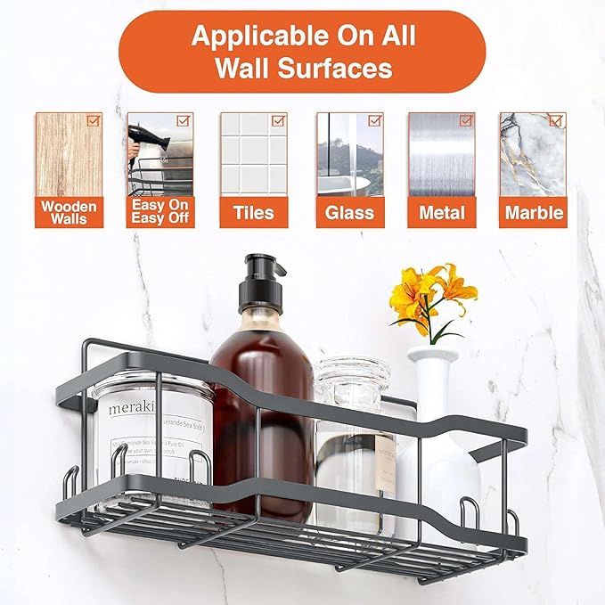 Shower Caddy Bathroom Shelves, The Athena Silken 4 Set, 40LB Capacity, Adhesive Tape - No Drill - Rustproof -Gorgeous Powder Coated 304 Stainless Steel Shower Organizer for kitchen & Home Decor - Grey