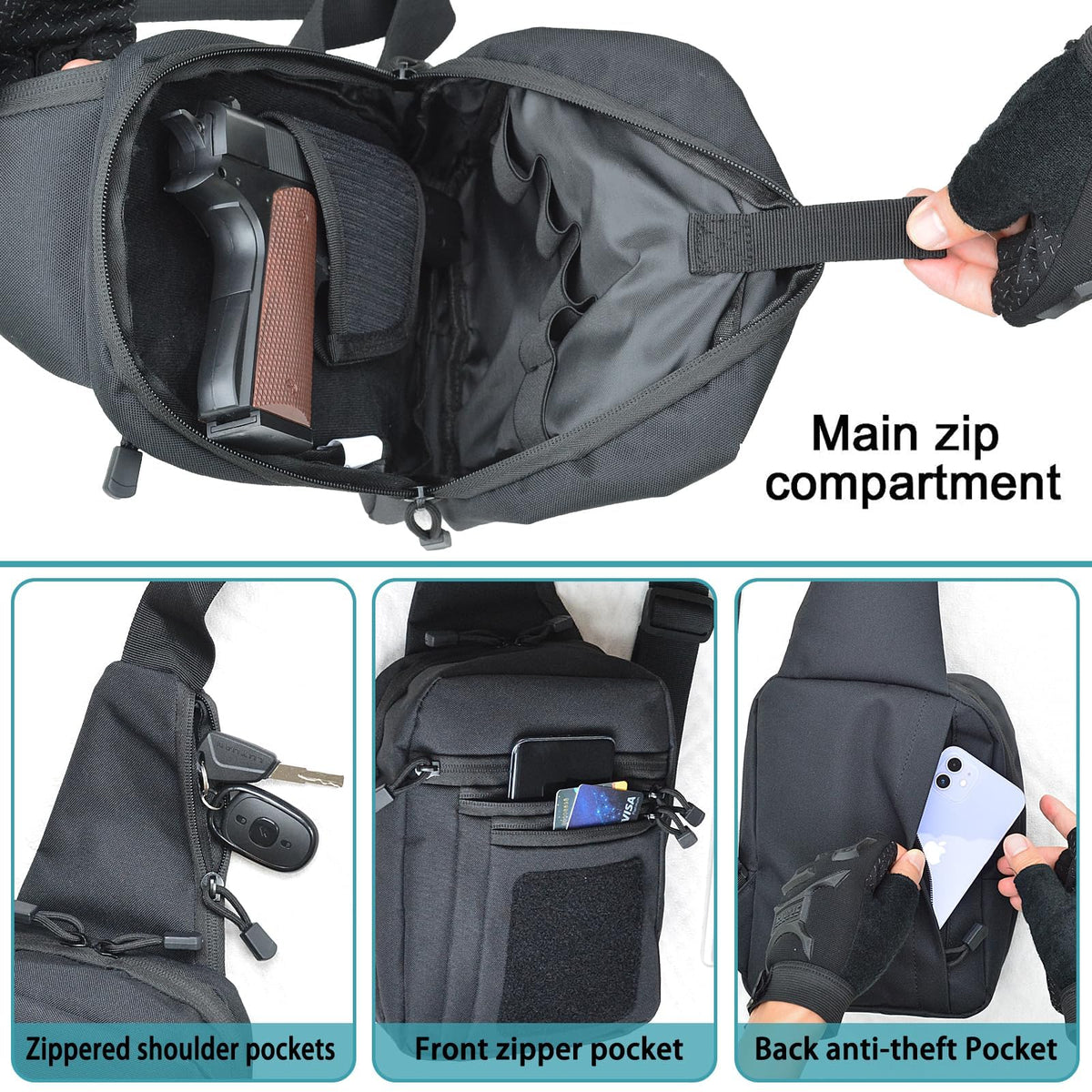 GAZJYUSP Small tactical concealed carry shoulder sling bag for men women Concealed carry crossbody bag with holster Personal pocket(Black)
