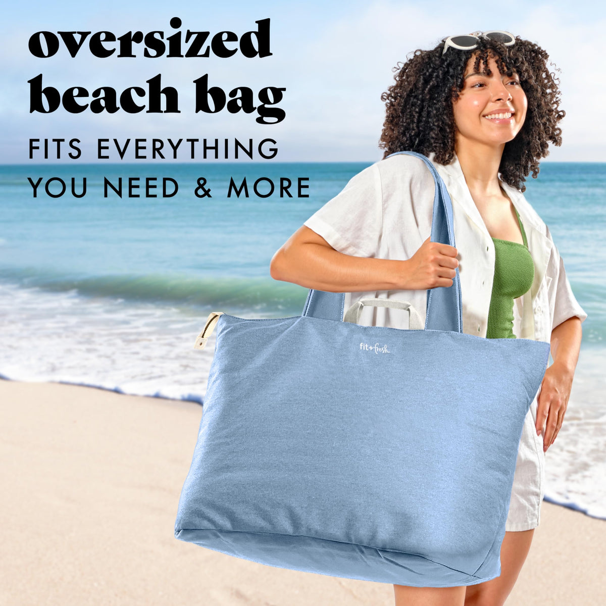 Fit & Fresh XL Beach Tote Bag for Women – Extra Large Travel Tote with Zipper & Pockets, Oversized Canvas Pool Bag, Weekender Carry-On for Beach, Travel & Family Essentials