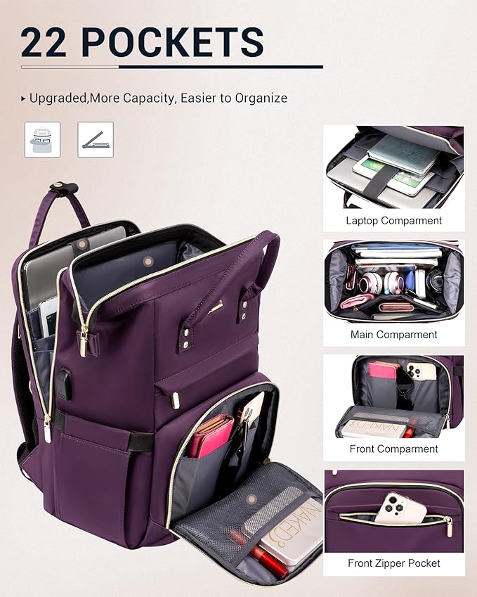 LOVEVOOK Laptop Backpack Women, 15.6 Inch Backpack with Charger, Water Resistant Teacher Bag Work Backpack with Laptop Compartment for Travel Business College, Dark Purple