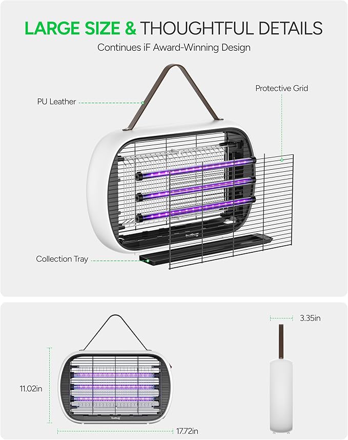 Buzbug Upgraded LED Bug Zapper Indoor, 10 Years Lifespan 3 Lamps Sustainable Less Power, 3800V Powerful Electric Mosquito Zapper, Durable Fly Trap Mosquito Trap, Fly Killer Fly Zapper (White)