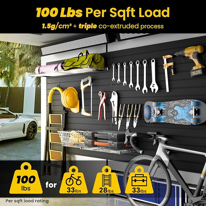 Slat Wall Paneling 4x8 FT, PVC Slat Wall Panels Heavy-Duty Garage Organization System with Hooks & Accessories, Slatwall Pegboard Suitable for Home、Garage、Shop Display & Organization (Black)