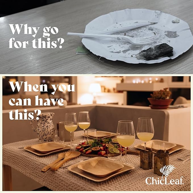 Chic Leaf Palm Leaf Compostable Plates - 6" Square, Pack of 50 - Disposable Dinnerware for Christmas Food, Rustic Bamboo Appetizer Plates - Charcuterie Boards & Biodegradable Serviceware
