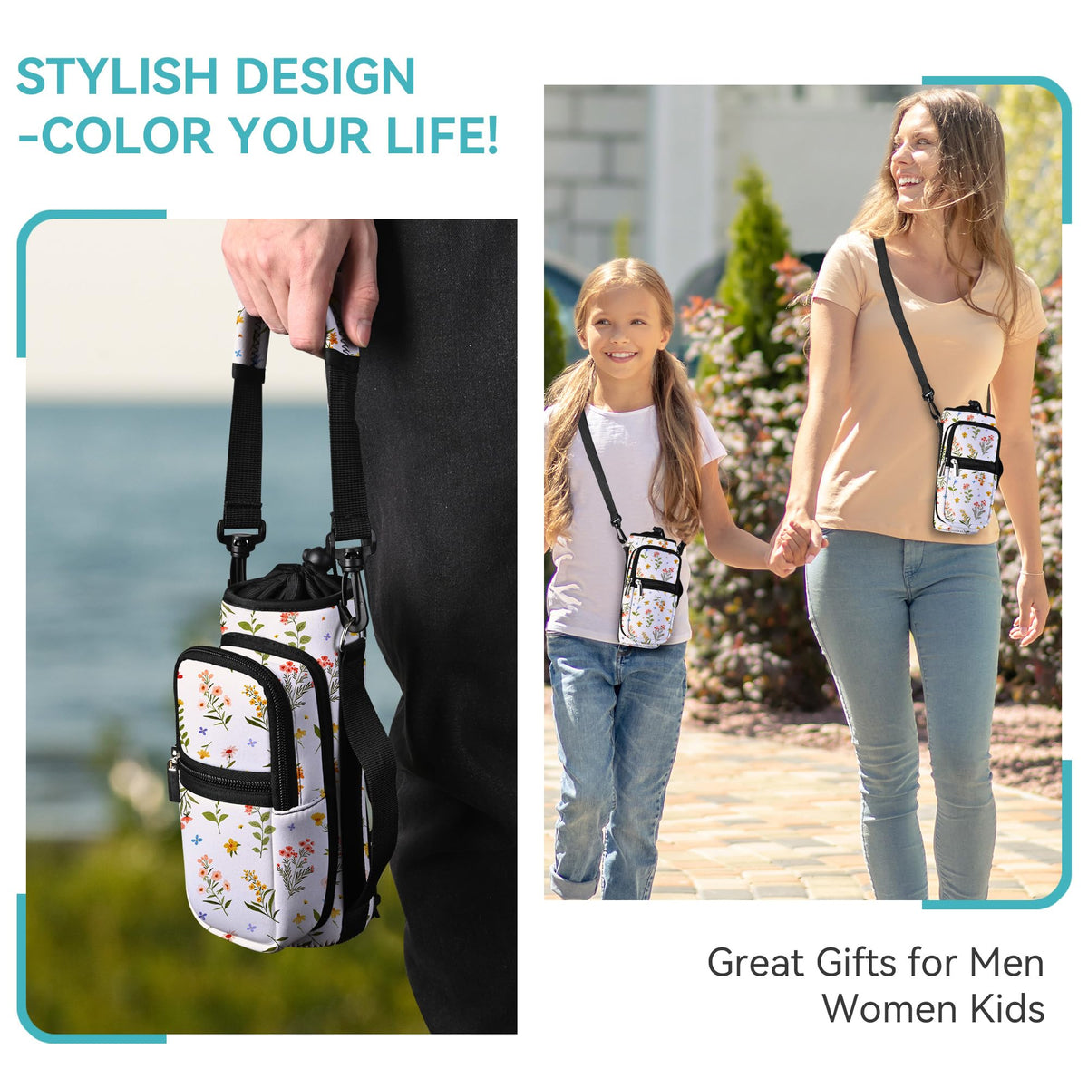 AUPET Water Bottle Sling Bag Sleeve Holder Carrier 25/32/40/64 oz,Insulated Crossbody Water Bottle Case Cover with Strap and Pockets for Men/Women Walking Hiking (Watercolor Style, 25oz)