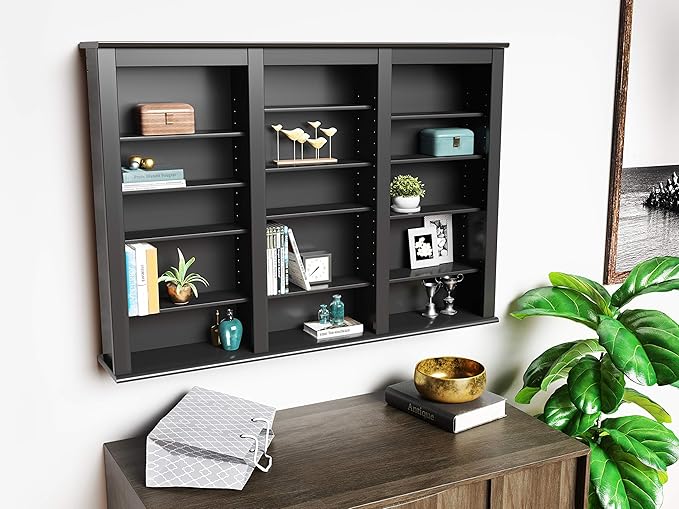 Prepac 3 Column Display Cabinet, Black Storage Cabinet with 12 Adjustable Shelves, Wall DVD Storage for Living Room 8.25" D x 47" W x 34" H