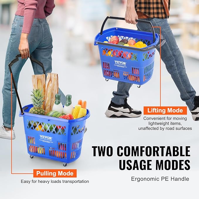 VEVOR 6 PCS Shopping Baskets, 39L Large Plastic Rolling Shopping Basket with Wheels, Shopping Carts with Handles, Portable Shopping Basket Set for Supermarkets, Grocery Shopping, Retail Stores, Blue