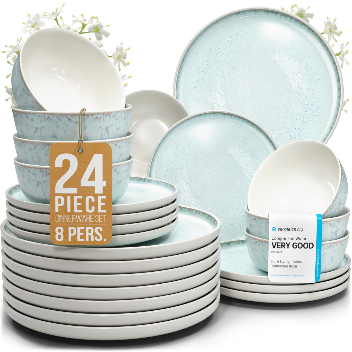 24 Piece Stoneware Dinnerware Set for 8, Handmade Plates and Bowls Set