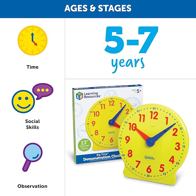 Learning Resources Big Time Learning Clock - Teacher Classroom Must Haves, Elementary School & Montessori Activities, Math Manipulatives, Time Flash Cards, Gifts for Boys and Girls