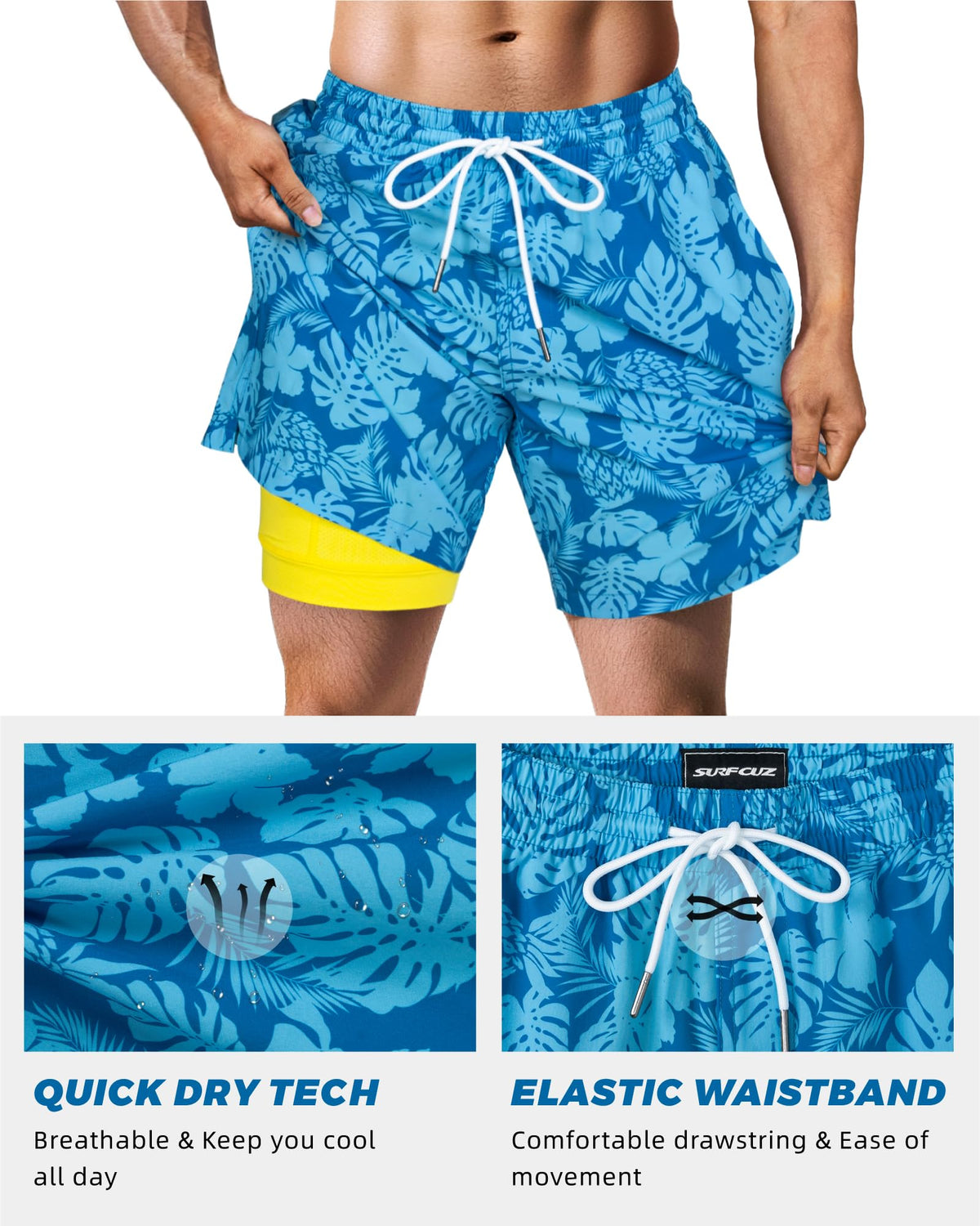 SURF CUZ Mens Swim Trunks with Compression Liner Quick Dry Swim Shorts 7" Swimming Trunks Stretch Zipper Pockets Blue Flower Leaves Medium