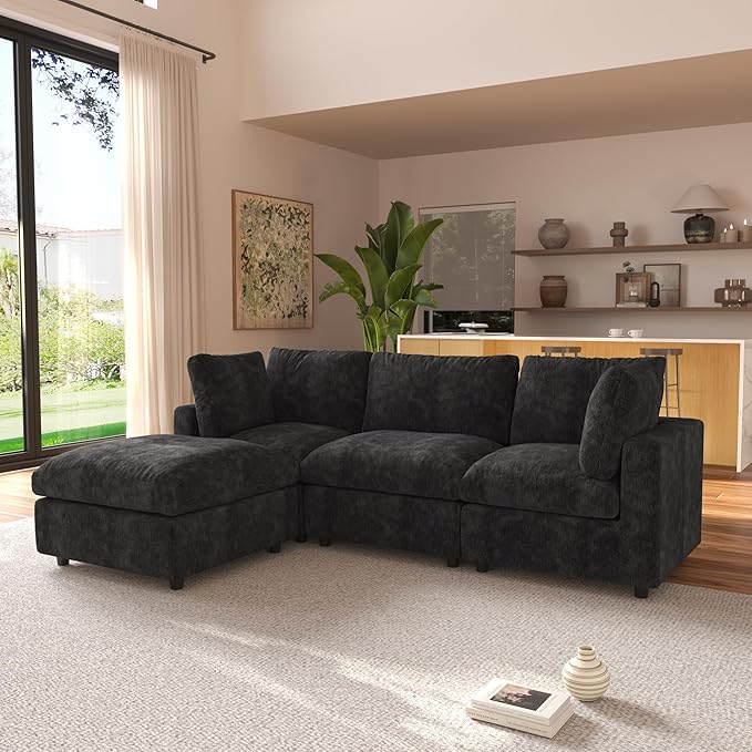 JACH L Shape Sectional Couches for Living Room, Deep Seat Convertible Modular Sofa, Cloud Sectional Couch, Sofa Covers Washable, Minimalist Modern Couch for Living Room, Apartment, Black