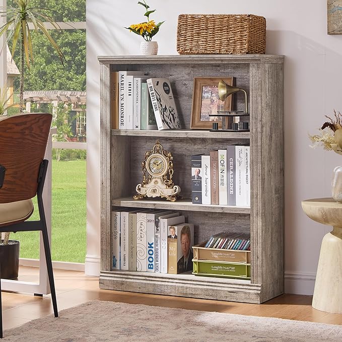 43" Grey Tall Bookshelf,3-Tier Thick Wooden Book Shelf with Adjustable Shelves,Free Standing Farmhouse Bookcase with Open Display Storage,Floor Vintage Bookshelves for Living Room,Office