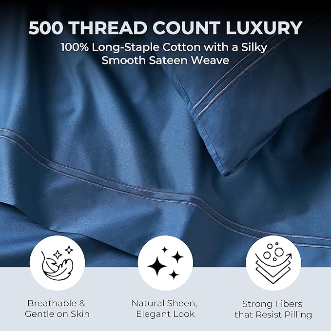 100% Natural Cotton Bed Sheets | 500 TC Single-Ply Sateen Weave Full Size Sheets | Breathable & Hypoallergenic Solid 4-Piece Bedding with Deep Pocket Fitted, Flat, Pillowcase | Navy Blue