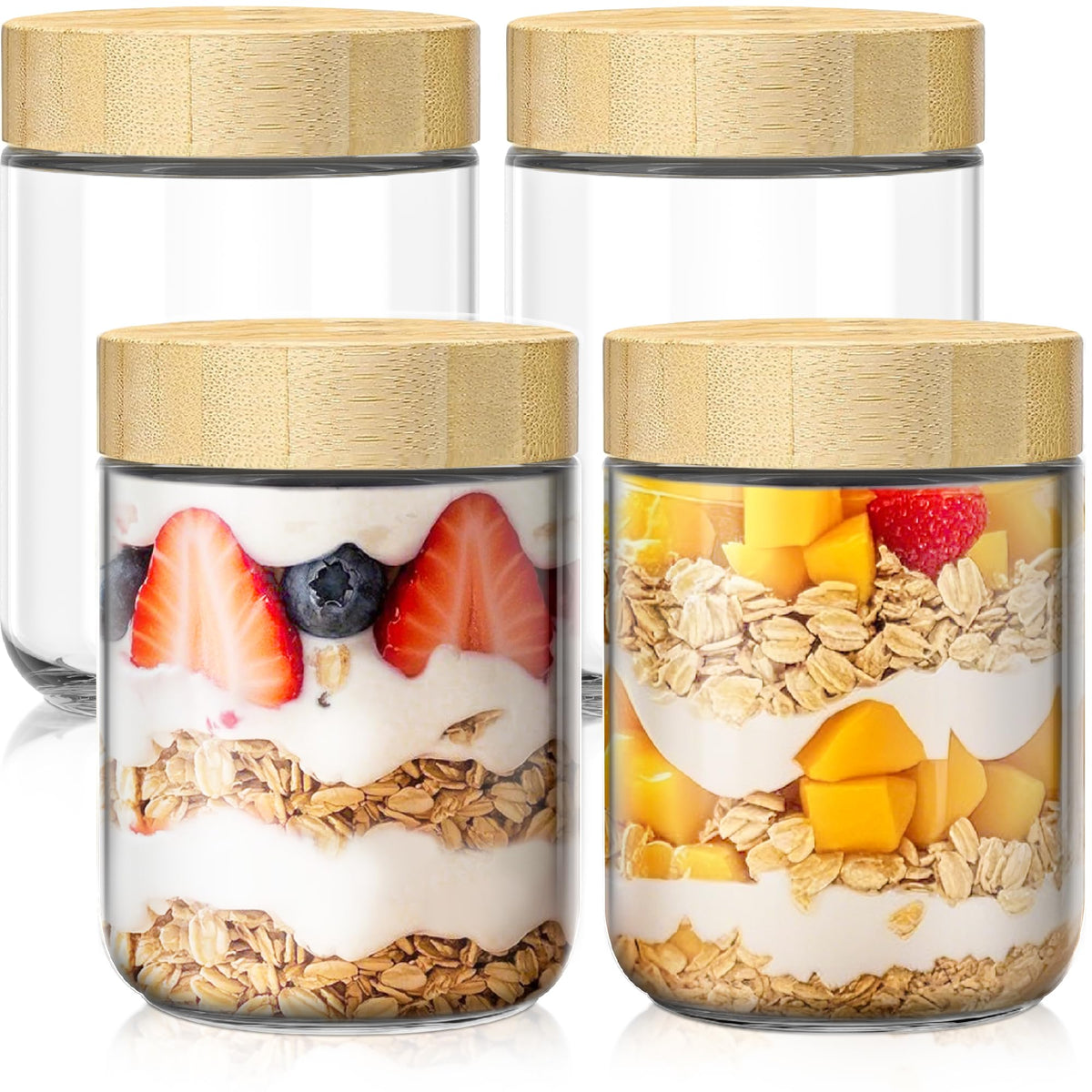 10 oz Overnight Oats Containers with Bamboo Lids, Glass Mason Jars 6 Pack