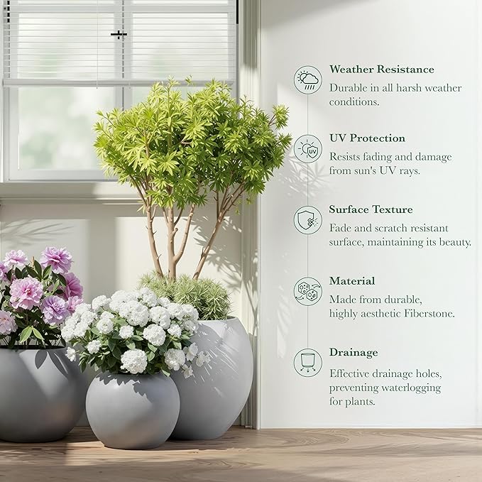 DTY Signature Mount Sherman Modern Indoor Outdoor Fiberstone Sphere Planter, Durable Round Garden Pot, Weather Resistant, Drainage Hole & Rubber Plug, Planter for Christmas Tree - Medium, Gray