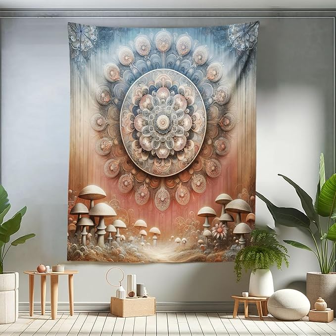 Ambesonne Hippie Tapestry Twin Size, Fantasy Vibes Mushroom Jungle with Oriental Vibes Mandal Print Peacock, Wall Hanging Bedspread Bed Cover Wall Decor, 68" X 88", Pale Ruby Blue Grey Ecru