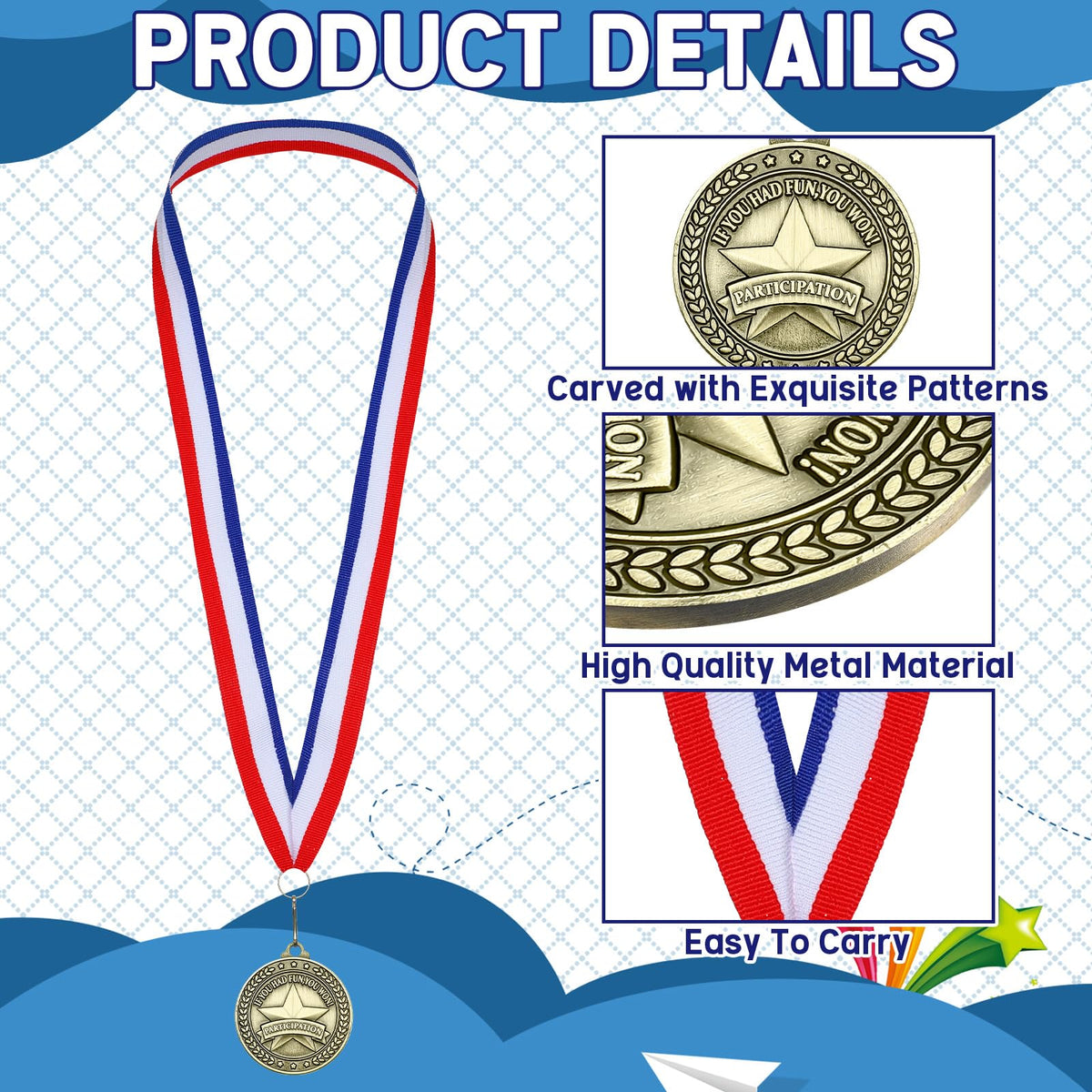 Remuuly 30 Pcs Gold Medals Bulk 2'' Basketball Soccer Baseball Volleyball Football Lacrosse Kickball Cheer Bowling Trophy Medals for Awards for Sports Participation Winner Gift(Gold,Participate)