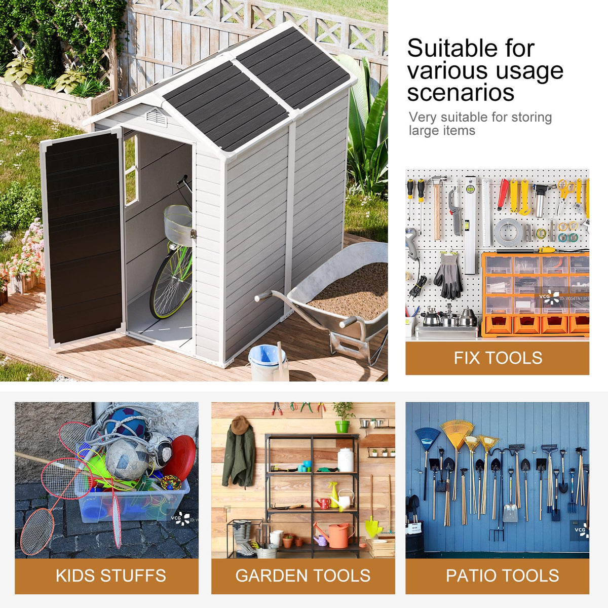 WELYAS 8x6 FT Resin Storage Shed with Floor Windows Lockable Double Door Vents, Large Waterproof Plastic Garden Sheds for Outdoor Backyard Storage Tools Lawnmover, Gray