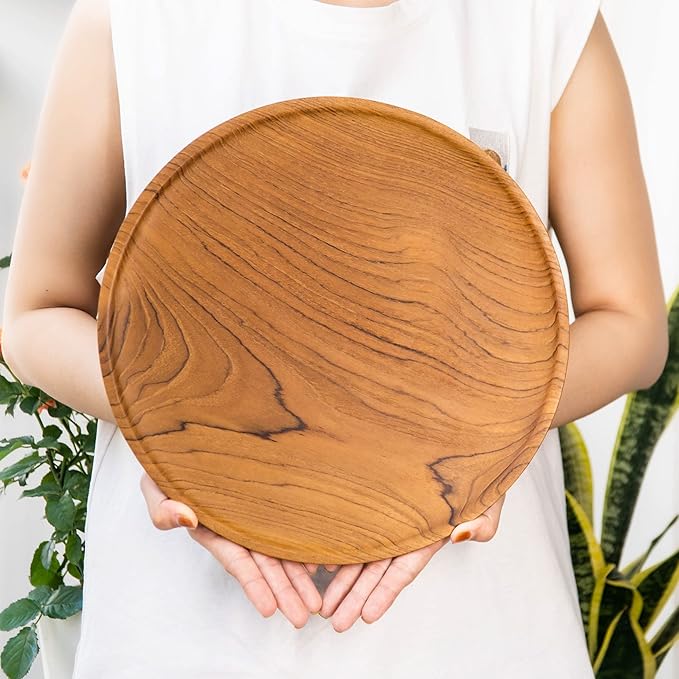 Rainforest Bowls Set of 2 12" Round Javanese Teak Wood Dinner Plates- Perfect for Everyday Use- Hot & Cold Friendly, Ultra-Durable, Premium Wooden Plates- Handcrafted by Indonesian Artisans