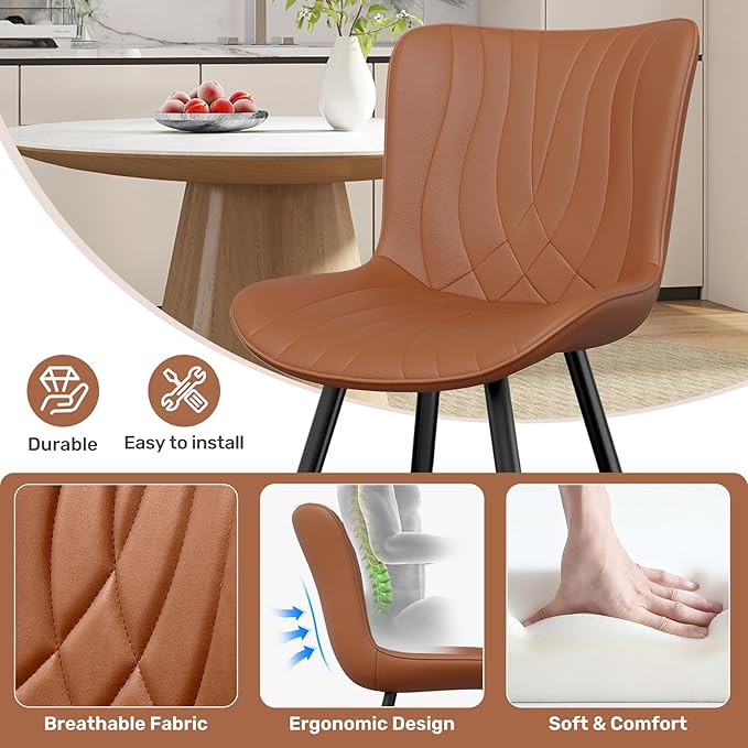 Dining Chair Set of 2 PU Leather Dining Room Chairs Upholstered Comfy Dining Chairs Modern Kitchen Armless Side Chair with Sturdy Metal Legs,Umber