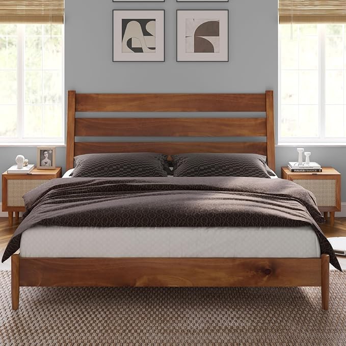 VanAcc Solid Wood King Bed Frame, Platform Bed with Reclining Slatted Headboard, Mid Century Bed with Wood Slat Support, Light Brown